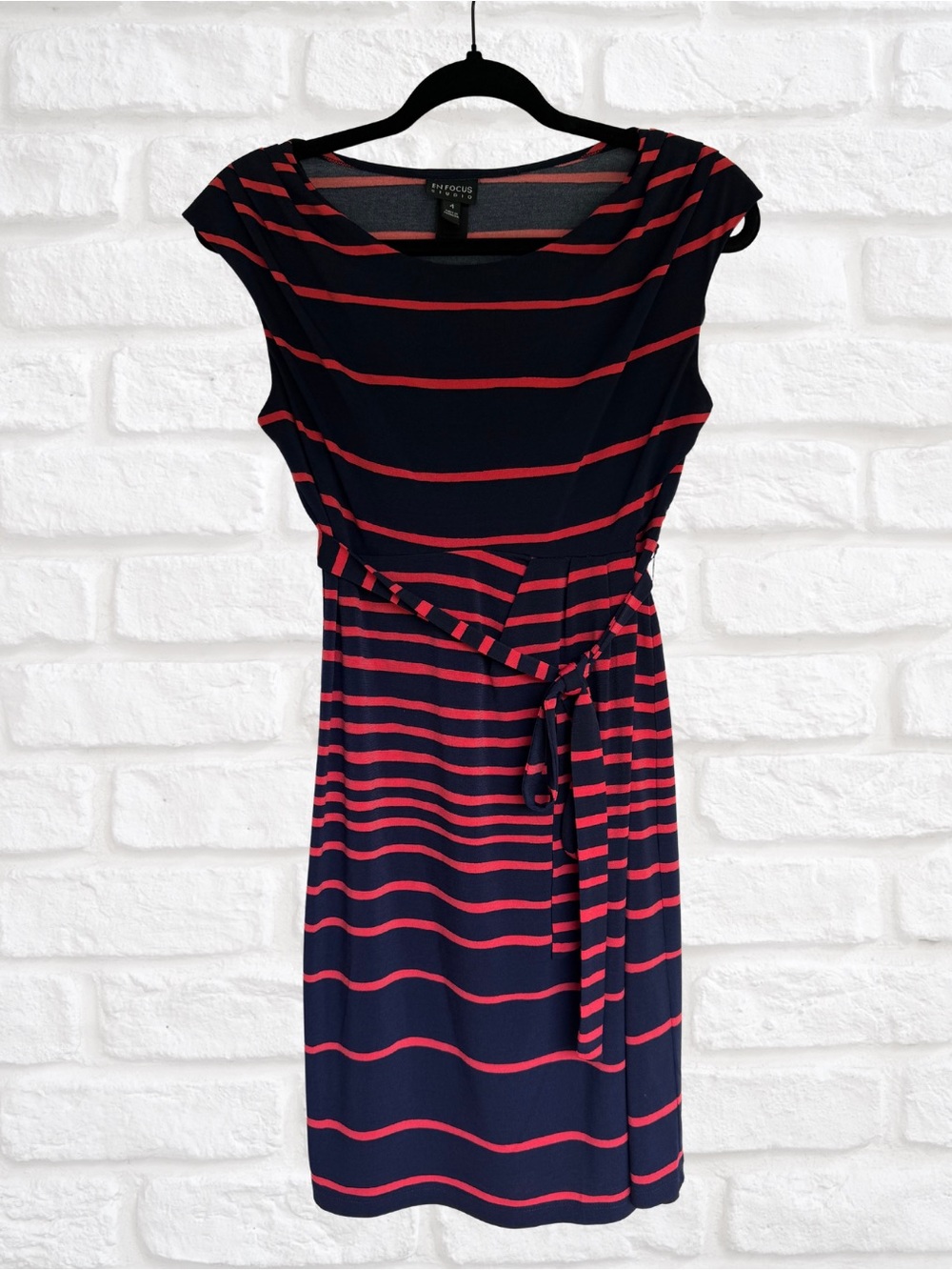 Enfocus Studio Navy and Coral Striped Tie-Waist Midi Dress professional or fun